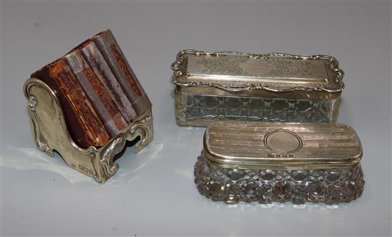 Miniature silver book stand & 2 silver topped boxes